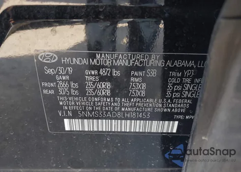2020 Hyundai Santa Fe Sel from USA, damaged, VIN 5NMS33AD8LH181453